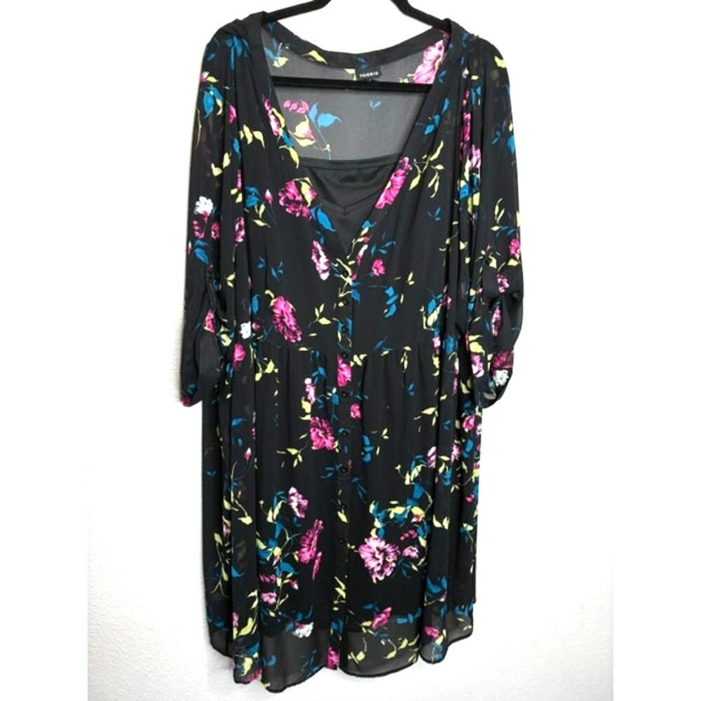Torrid Black Floral Midi Dress Sz 4 (4XL) Tiered Chiffon Boho Flutter Sleeve - Picture 3 of 12